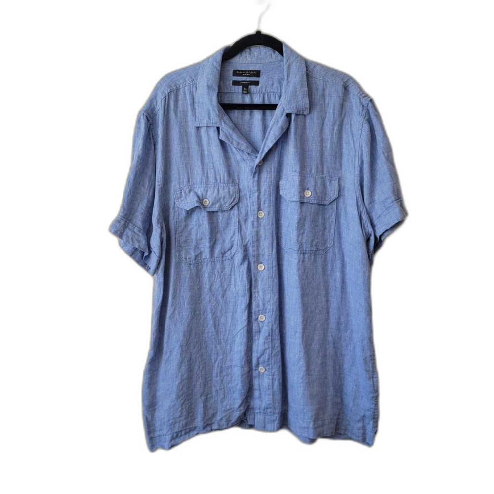 Banana Republic Blue Linen Short Sleeve Button Down Shirt XL
